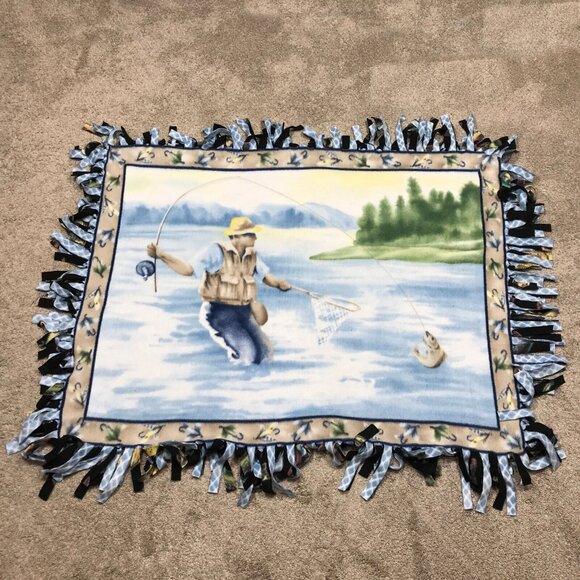 RARE Fly Fishing Trout 2-Sided Fleece Fringe Throw Blanket 48 X37 in - Picture 1 of 6